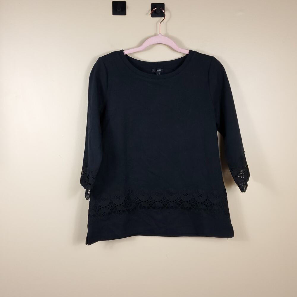 Talbots Black 3/4 Sleeve Sweatshirt with Crochet Size S